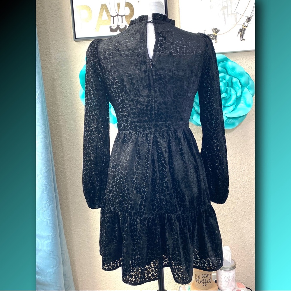 NWOT Aqua Flocked Floral Tiered Dress w/ ruffled neckline 
Size S - Picture 4 of 16